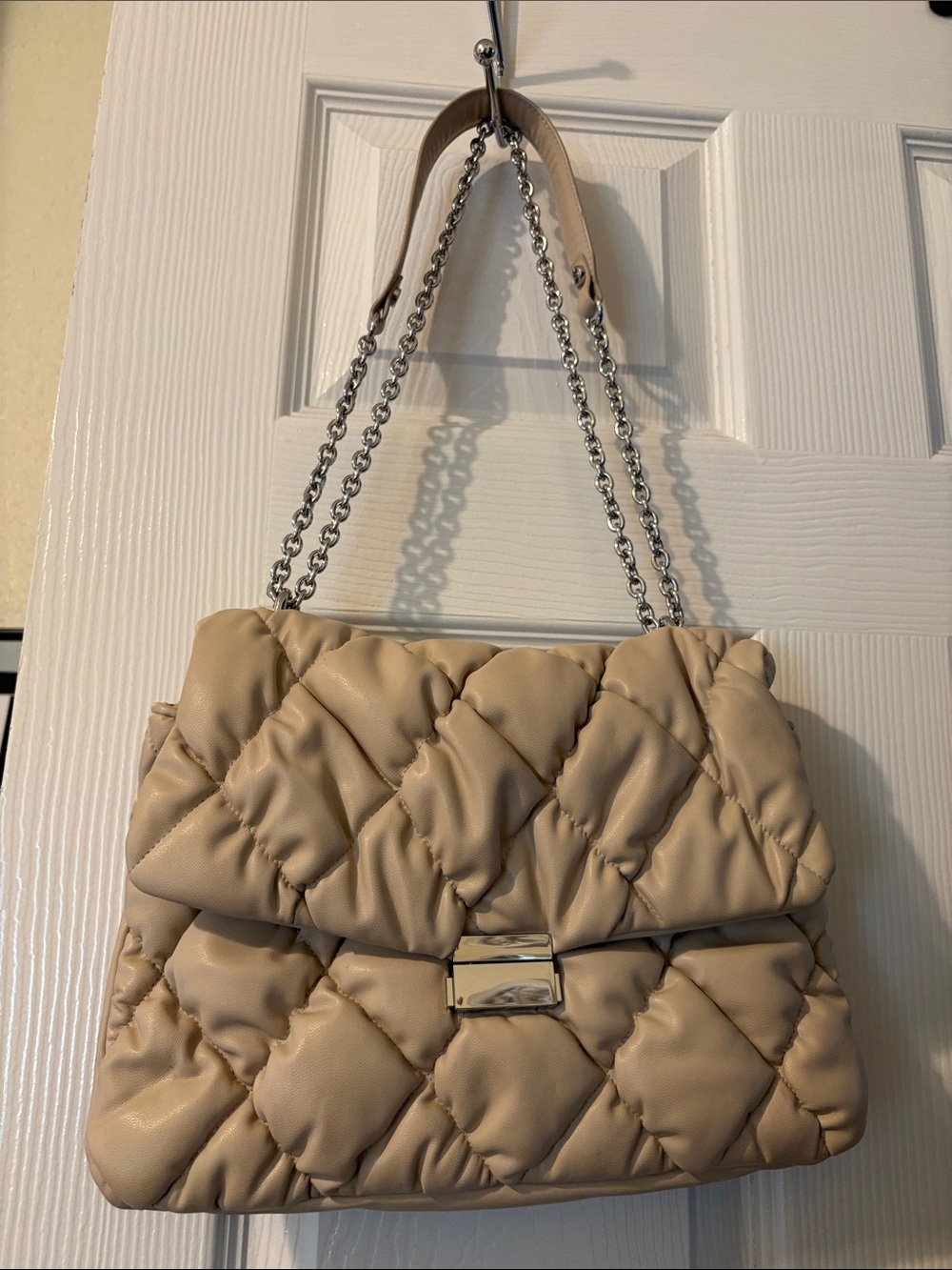 H&M Quilted Beige Shoulder Bag with Silver Chain Strap